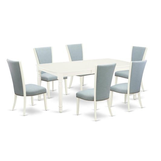 A Kitchen Table Set Of 6 Excellent Parson Dining Chairs With Linen Fabric Baby Blue Color And A Fantastic 18 Butterfly Rectangle Kitchen Table With Linen White Colo" By East West Furniture | Dining Sets | Modishstore