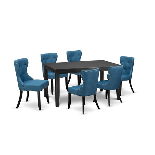 A Dining Table Set Of 6 Fantastic Kitchen Dining Chairs Using Linen Fabric Mineral Blue Color And A Wonderful Wooden Dining Table And Dining Tables By East West Furniture | Dining Sets | Modishstore