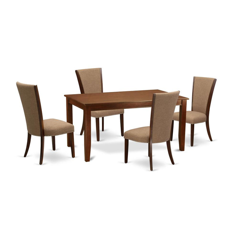A Modern Dining Table Set Of 4 Great Kitchen Chairs Using Linen Fabric Light Sable Color And An Attractive Rectangle Kitchen Table In Mahogany Finish And Dining Tables By East West Furniture | Dining Sets | Modishstore