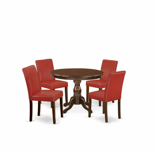 5 Piece Dining Room Table Set - Mahogany Small Dining Table And 4 Firebrick Red Pu Leather Kitchen Chairs And Dining Tables By East West Furniture | Dining Sets | Modishstore