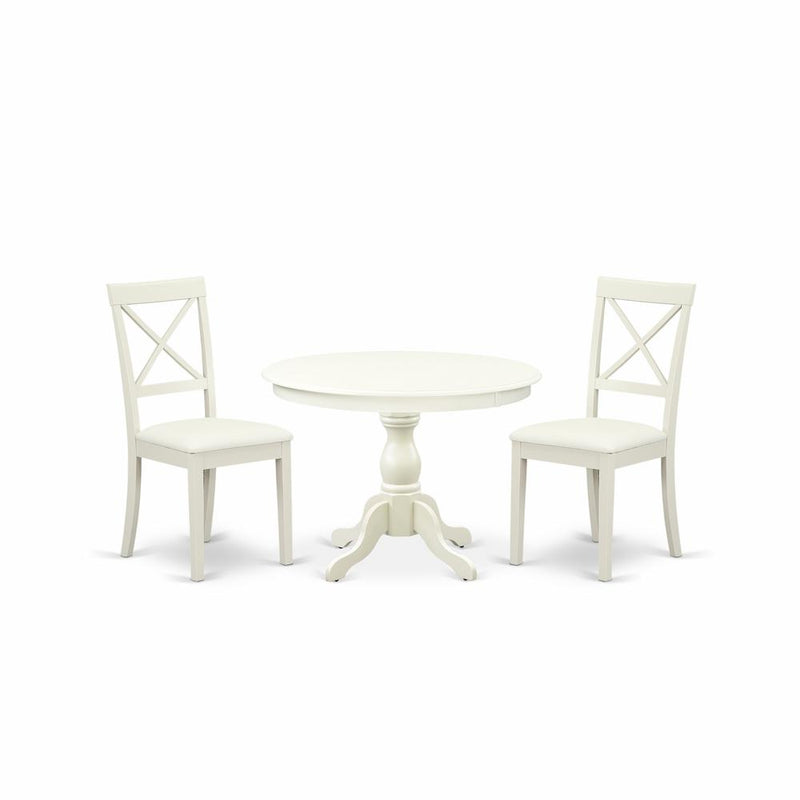 3 Piece Dining Room Set - Linen White Wood Table And 2 Linen White Faux Leather Dining Room Chairs And Dining Tables By East West Furniture | Dining Sets | Modishstore