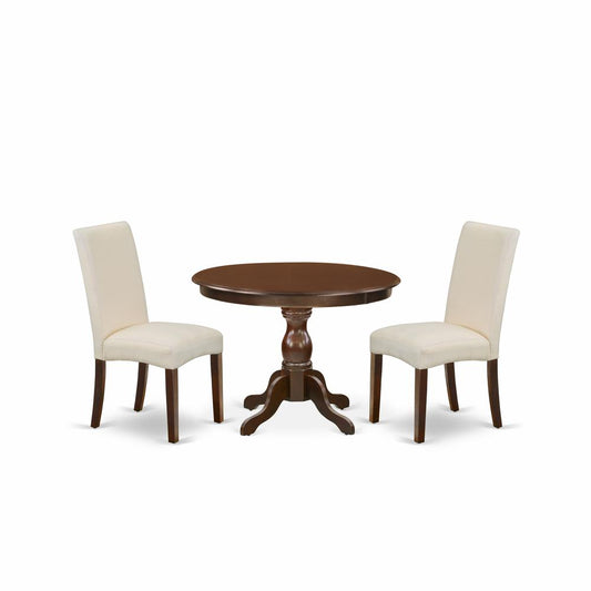 3 Piece Dining Room Table Set - Mahogany Round Dining Table And 2 Cream Linen Fabric Modern Dining Chairs And Dining Tables By East West Furniture | Dining Sets | Modishstore