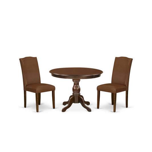 3 Piece Dining Table Set - Mahogany Wood Table And 2 Brown Faux Leather Chairs For Dining Room And Dining Tables By East West Furniture | Dining Sets | Modishstore