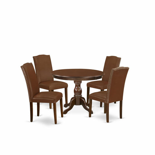 5 Piece Dining Table Set - Mahogany Round Dining Table And 4 Brown Faux Leather Parson Dining Chairs And Dining Tables By East West Furniture | Dining Sets | Modishstore