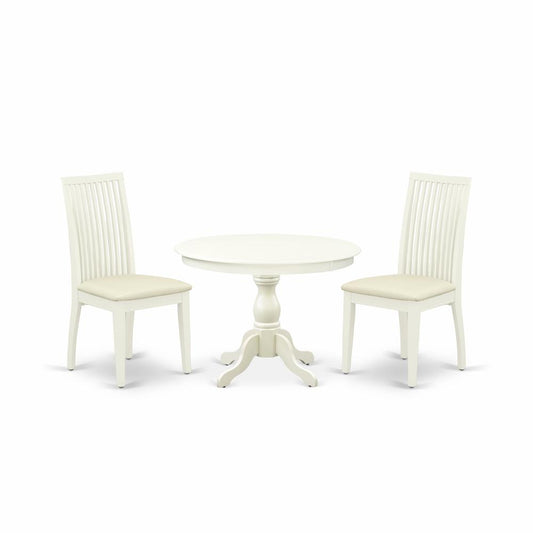 3 Piece Kitchen Dining Table Set - Linen White Round Dining Table With 2 Linen White Dining Room Chairs With Slatted Back - Linen White Finish By East West Furniture | Dining Sets | Modishstore