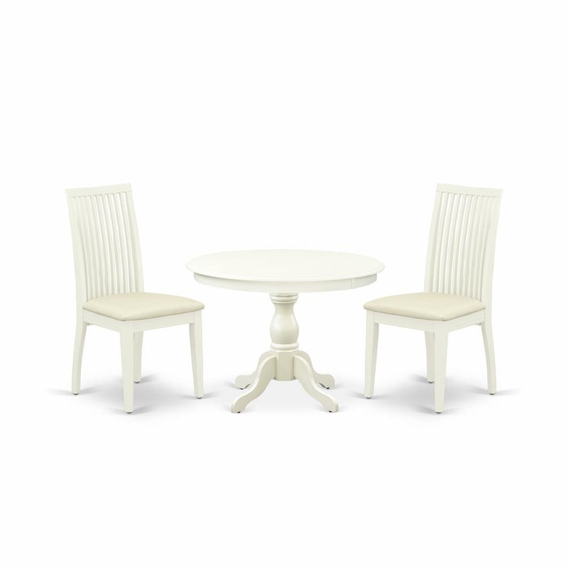 3 Piece Kitchen Dining Table Set - Linen White Round Dining Table With 2 Linen White Dining Room Chairs With Slatted Back - Linen White Finish By East West Furniture | Dining Sets | Modishstore