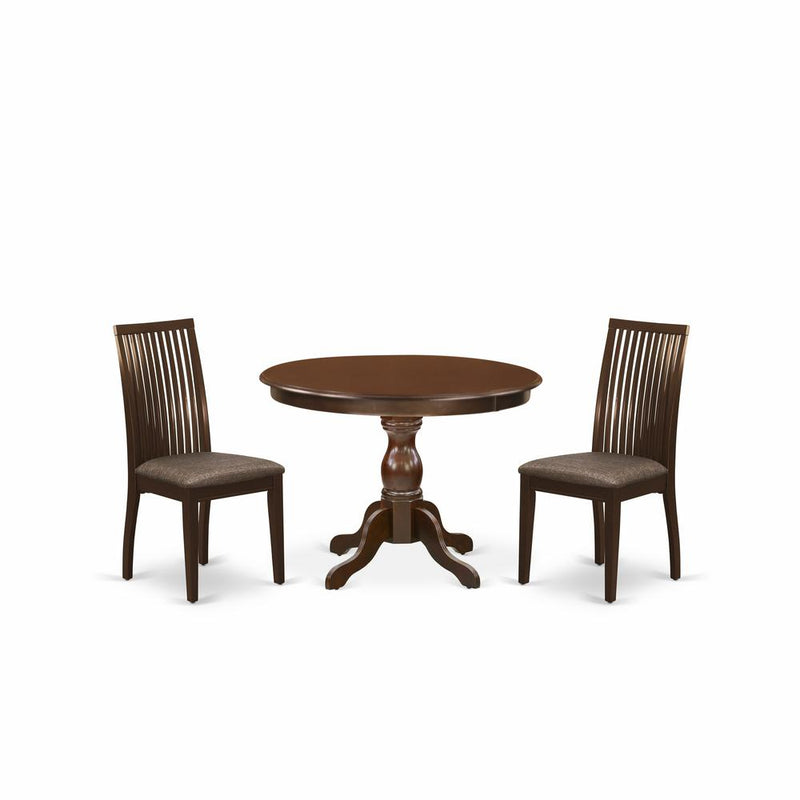 3 Piece Table And Chairs Dining Set - Mahogany Wood Dining Table And 2 Mahogany Linen Fabric Chairs For Dining Room And Dining Tables By East West Furniture | Dining Sets | Modishstore