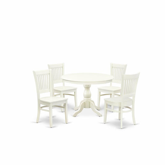 5-Pc Kitchen Table Set- 4 Dining Room Chairs And Modern Round Dining Table - Wooden Seat And Slatted Chair Back - Linen White Finish And Dining Tables By East West Furniture | Dining Sets | Modishstore