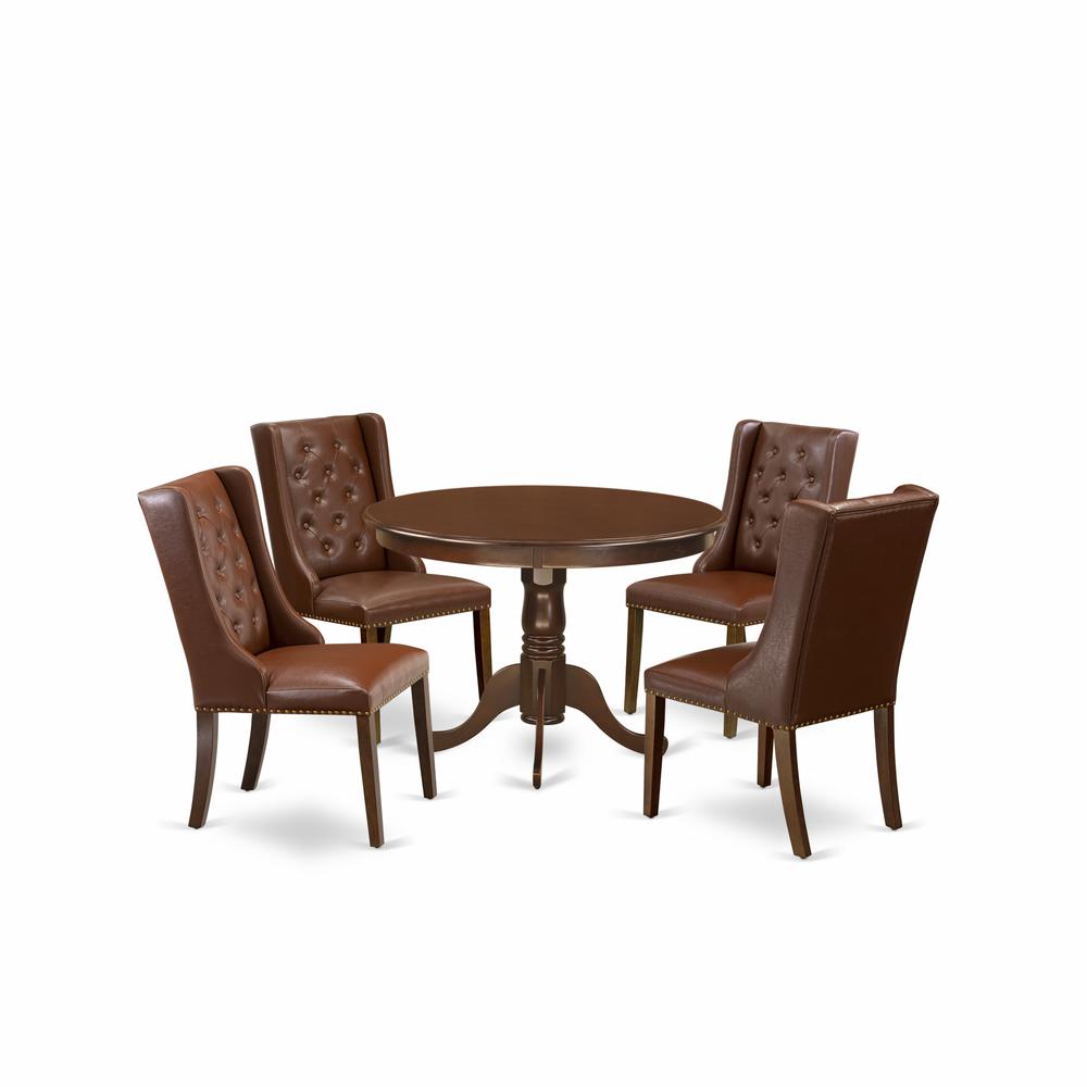 5-Piece Dinette Room Set Includes 1 Modern Round Dining Table And 4 Brown Linen Fabric Mid Century Dining Chairs And Dining Tables By East West Furniture | Dining Sets | Modishstore