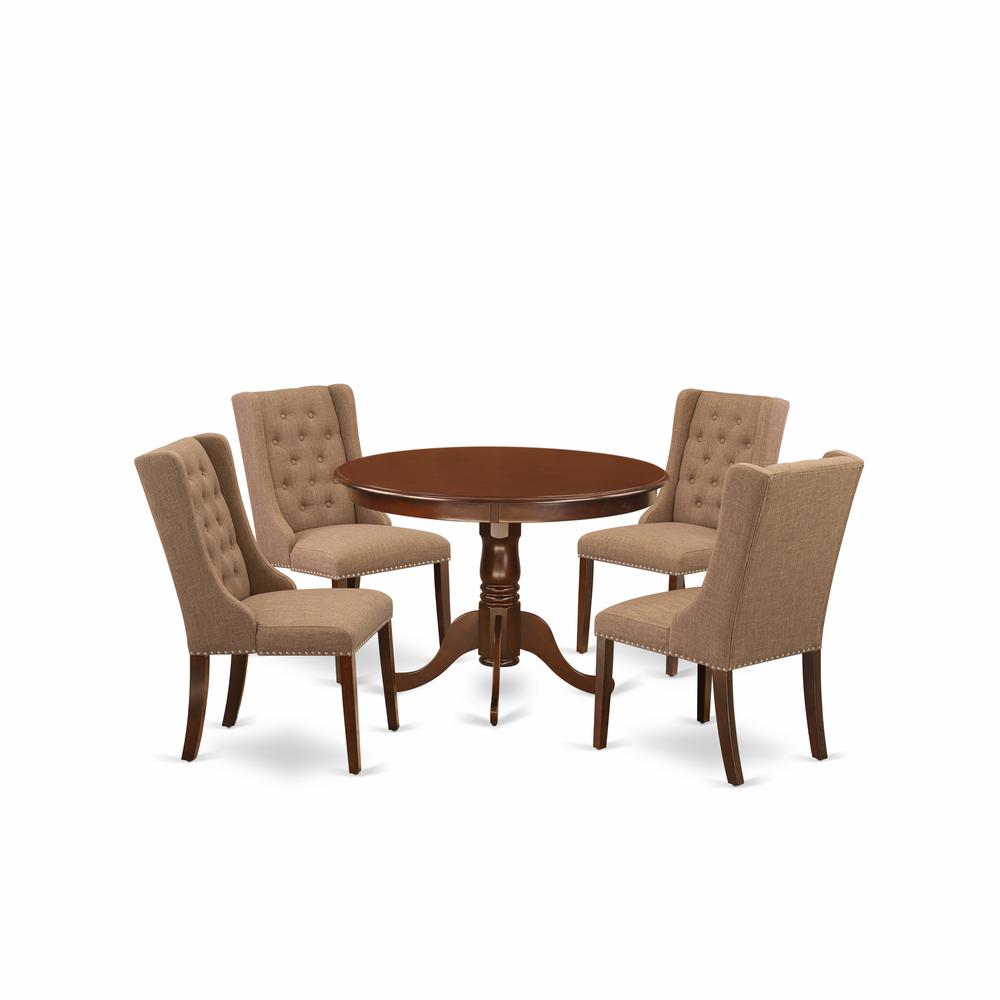 5-Piece Kitchen Dining Room Set Includes 1 Pedestal Table And 4 Light Sable Linen Fabric Parson Chairs And Dining Tables By East West Furniture | Dining Sets | Modishstore