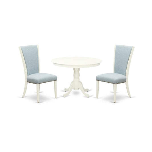 A Wooden Dining Table Set Of Two Amazing Dining Chairs With Linen Fabric Baby Blue Color And A Fantastic 42-Inch Antique Dining Table With Linen White Color By East West Furniture | Dining Sets | Modishstore