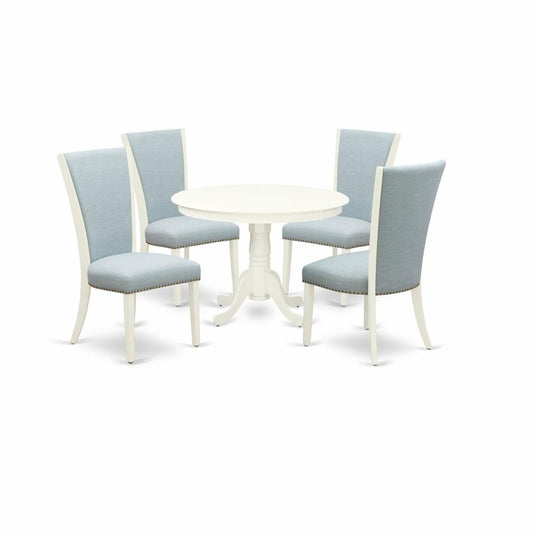 A Dining Table Set Of 4 Fantastic Parson Dining Chairs With Linen Fabric Baby Blue Color And A Stunning Mid-Century Dining Table With Linen White Color By East West Furniture | Dining Sets | Modishstore