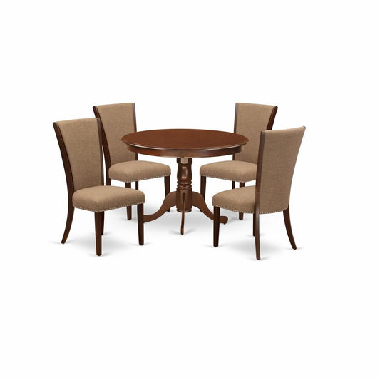 A Dining Room Table Set Of 4 Great Dining Chairs Using Linen Fabric Light Sable Color And A Fantastic 42-Inch Round Wooden Table And Dining Tables By East West Furniture | Dining Sets | Modishstore