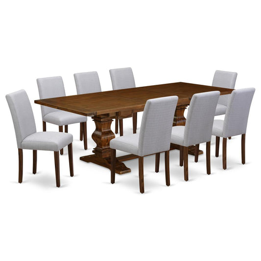 9Pc Dining Table Set Consists Of A Dinette Table And 8 Parson Dining Chairs With Light Sable Color Linen Fabric, Medium Size Table With Full Back Chairs, Distressed Jac By East West Furniture | Dining Sets | Modishstore