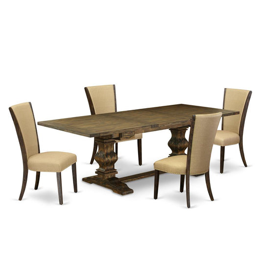 5Pc Dining Table Set Offers A Table And 4 Upholstered Dining Chairs With Brown Color Linen Fabric, Medium Size Table With Full Back Chairs, Distressed Jacobean Finish By East West Furniture | Dining Sets | Modishstore