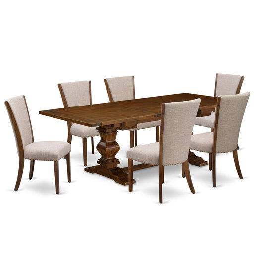 7Pc Dining Set Consists Of A Wood Table And 6 Parson Dining Chairs With Light Tan Color Linen Fabric, Medium Size Table With Full Back Chairs, Antique Walnut Finish By East West Furniture | Dining Sets | Modishstore