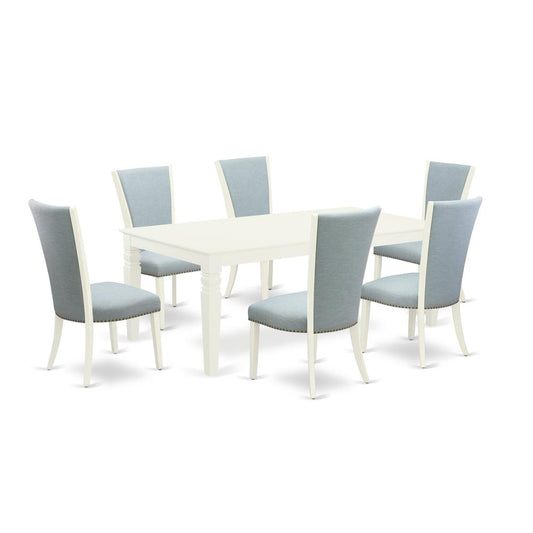 A Wooden Dining Table Set Of 6 Amazing Parson Chairs With Linen Fabric Baby Blue Color And A Beautiful Dining Table With Linen White Color By East West Furniture | Dining Sets | Modishstore