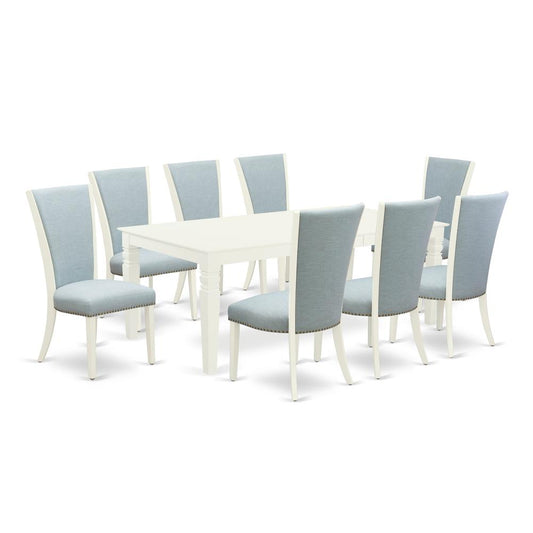 A Modern Dining Table Set Of 8 Wonderful Parson Chairs With Linen Fabric Baby Blue Color And A Beautiful Dining Table With Linen White Color By East West Furniture | Dining Sets | Modishstore