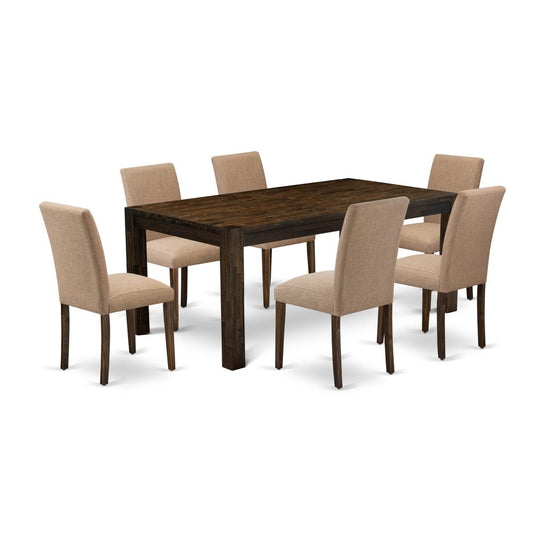 7Pc Dining Room Table Set Offers A Dinette Table And 6 Parsons Dining Chairs With Light Sable Color Linen Fabric, Medium Size Table With Full Back Chairs, Distressed Ja By East West Furniture | Dining Sets | Modishstore
