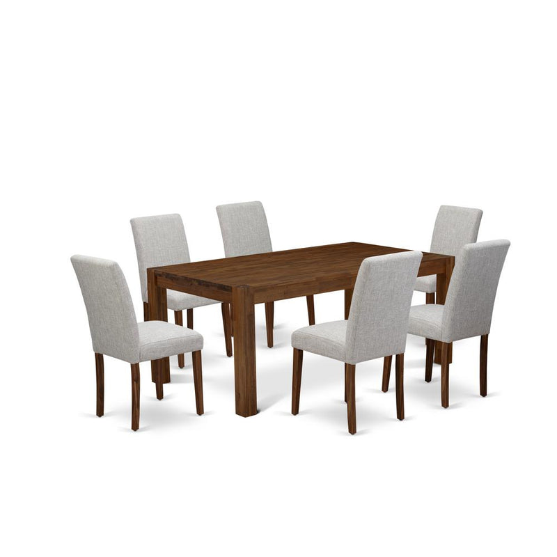 7Pc Dining Room Table Set Offers A Dinette Table And 6 Parsons Dining Chairs With Light Sable Color Linen Fabric, Medium Size Table With Full Back Chairs, Distressed Ja By East West Furniture | Dining Sets | Modishstore - 4