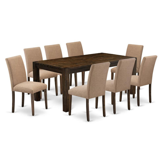 9Pc Dining Table Set Includes A Dining Room Table And 8 Parsons Chairs With Light Sable Color Linen Fabric, Medium Size Table With Full Back Chairs, Distressed Jacobean By East West Furniture | Dining Sets | Modishstore