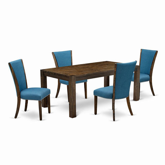 5-Pc Dining Table Set- 4 Upholstered Dining Chairs And Kitchen Dining Table - Blue Linen Fabric Seat And High Chair Back - Distressed Jacobean Finish And Dining Tables By East West Furniture | Dining Sets | Modishstore