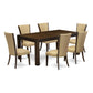 7-Pc Dining Room Table Set- 6 Kitchen Chairs And Dining Table - Brown Linen Fabric Seat And Stylish Chair Back - Distressed Jacobean Finish And Dining Tables By East West Furniture | Dining Sets | Modishstore