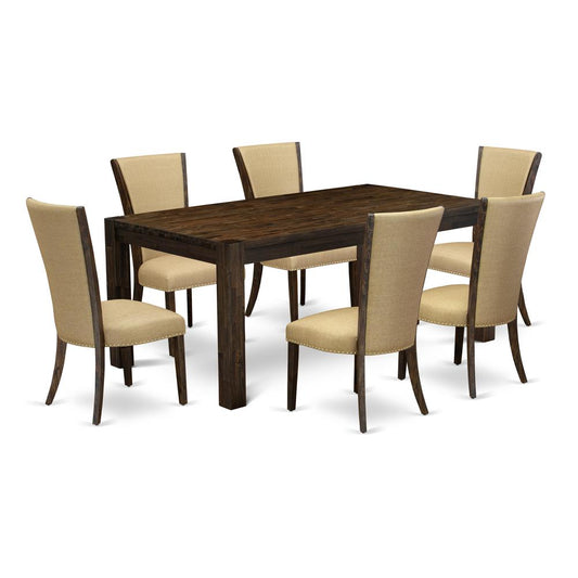 7-Pc Dining Room Table Set- 6 Kitchen Chairs And Dining Table - Brown Linen Fabric Seat And Stylish Chair Back - Distressed Jacobean Finish And Dining Tables By East West Furniture | Dining Sets | Modishstore