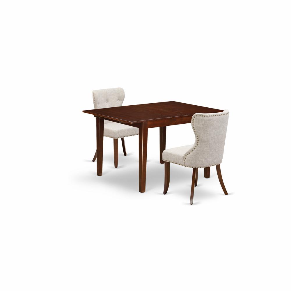 A Dining Set Of Two Amazing Parson Chairs Using Linen Fabric Doeskin Color And A Wonderful 12" Butterfly Leaf Rectangle Dining Table In Mahogany Finish And Dining Tables By East West Furniture | Dining Sets | Modishstore