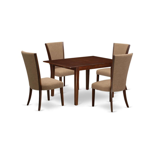 A Dinette Set Of 4 Fantastic Parson Dining Chairs With Linen Fabric Light Sable Color And A Gorgeous Dinner Table With Mahogany Finish By East West Furniture | Dining Sets | Modishstore
