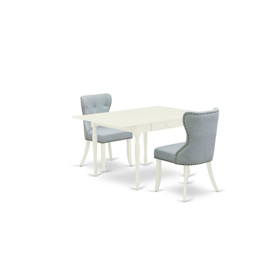 A Dinette Set Of Two Fantastic Parson Dining Chairs With Linen Fabric Baby Blue Color And A Wonderful Drop Leaf Rectangle Dining Room Table With Linen White Color By East West Furniture | Dining Sets | Modishstore