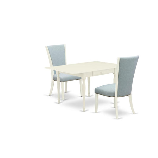A Dinette Set Of Two Wonderful Indoor Dining Chairs With Linen Fabric Baby Blue Color And A Fantastic Drop Leaf Rectangle Kitchen Table With Linen White Color By East West Furniture | Dining Sets | Modishstore