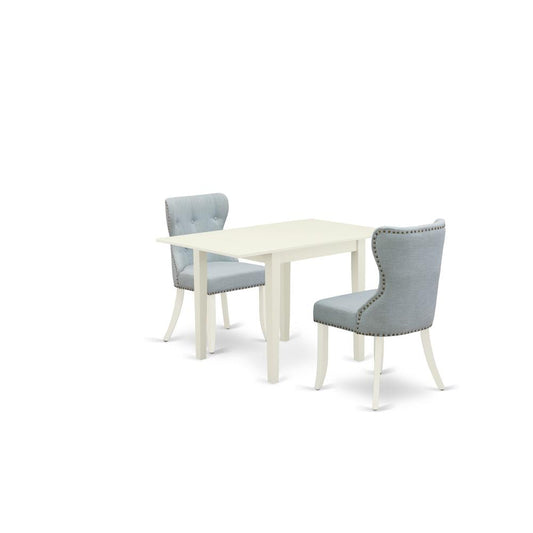 A Dining Table Set Of Two Great Parson Chairs With Linen Fabric Baby Blue Color And A Gorgeous Drop Leaf Rectangle Dining Table With Linen White Color By East West Furniture | Dining Sets | Modishstore