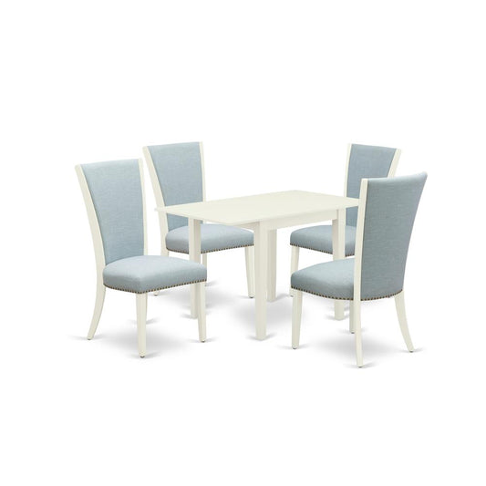 A Dinette Set Of 4 Amazing Kitchen Dining Chairs With Linen Fabric Baby Blue Color And A Lovely Drop Leaf Rectangle Kitchen Table With Linen White Color By East West Furniture | Dining Sets | Modishstore