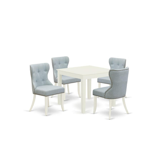 A Kitchen Table Set Of 4 Wonderful Dining Chairs With Linen Fabric Baby Blue Color And A Stunning Square Kitchen Table With Linen White Color By East West Furniture | Dining Sets | Modishstore