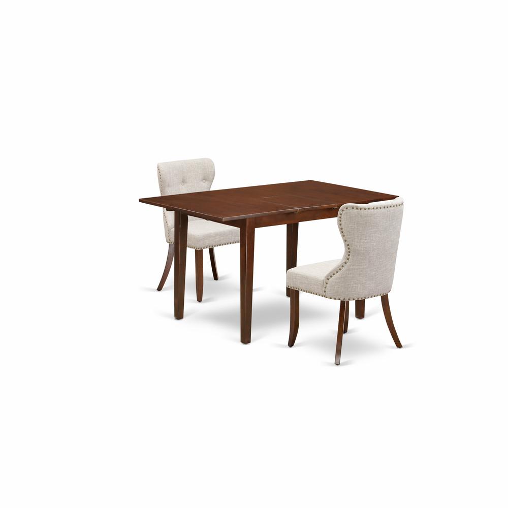 A Dinette Set Of 2 Fantastic Parson Chairs Using Linen Fabric Doeskin Color And An Attractive 12" Butterfly Leaf Rectangle Kitchen Table In Mahogany Finish And Dining Tables By East West Furniture | Dining Sets | Modishstore