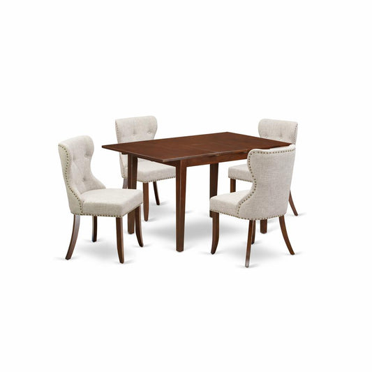 A Kitchen Table Set Of 4 Amazing Dining Room Chairs Using Linen Fabric Doeskin Color And A Fantastic 12" Butterfly Leaf Rectangle Wooden Table In Mahogany Finish And Dining Tables By East West Furniture | Dining Sets | Modishstore