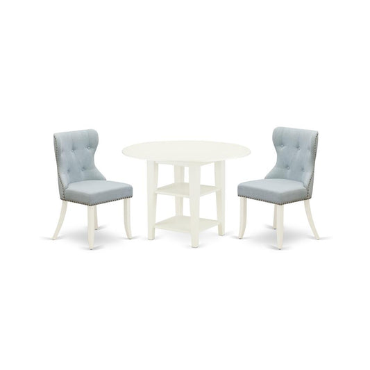 A Dining Room Table Set Of 2 Excellent Dining Chairs With Linen Fabric Baby Blue Color And A Lovely Dining Table With Linen White Color By East West Furniture | Dining Sets | Modishstore