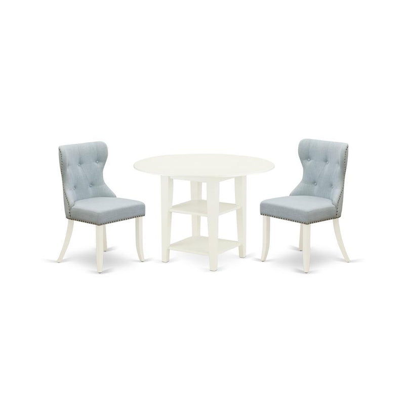 A Dining Room Table Set Of 2 Excellent Dining Chairs With Linen Fabric Baby Blue Color And A Lovely Dining Table With Linen White Color By East West Furniture | Dining Sets | Modishstore