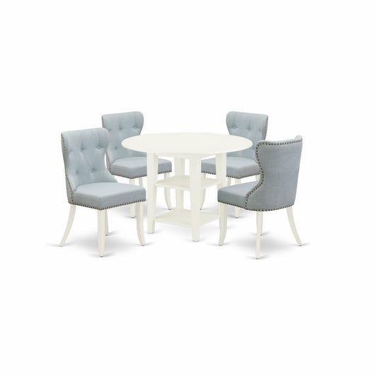 A Dinette Set Of 4 Wonderful Parson Dining Chairs With Linen Fabric Baby Blue Color And A Stunning Wood Kitchen Table With Linen White Color By East West Furniture | Dining Sets | Modishstore