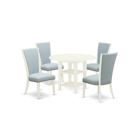 A Dining Set Of 4 Great Kitchen Chairs With Linen Fabric Baby Blue Color And A Stunning Drop Leaf Antique Wooden Dining Table With Linen White Color By East West Furniture | Dining Sets | Modishstore