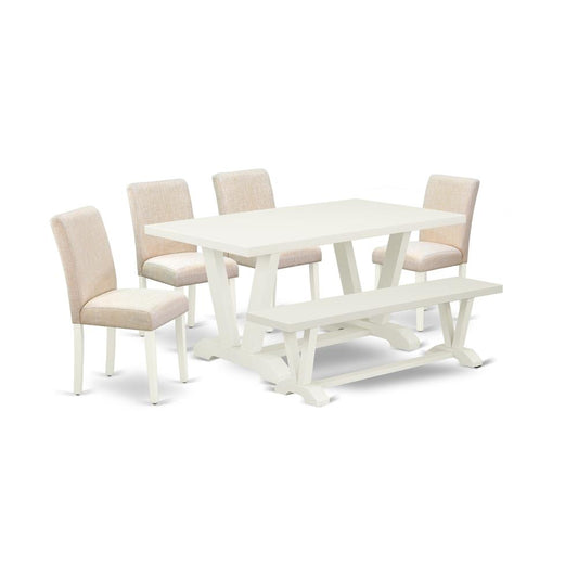 6-Pc Kitchen Dining Room Set - 4 Dining Chairs, A Modern Bench Linen White Top And 1 Linen White Dining Table Top And Dining Tables By East West Furniture | Dining Sets | Modishstore