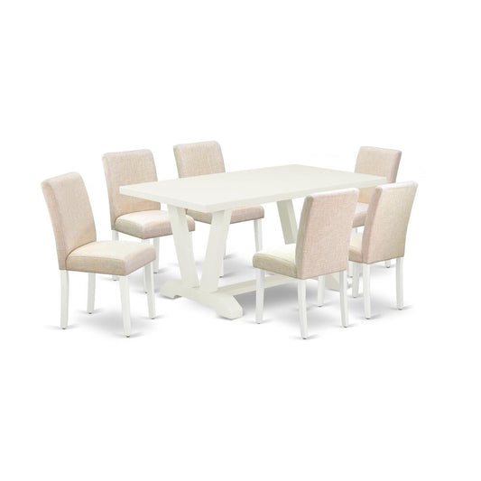 7-Pc Dining Room Table Set - 6 Parson Chairs And 1 Modern Rectangular Linen White Wooden Dining Table And Dining Tables By East West Furniture | Dining Sets | Modishstore