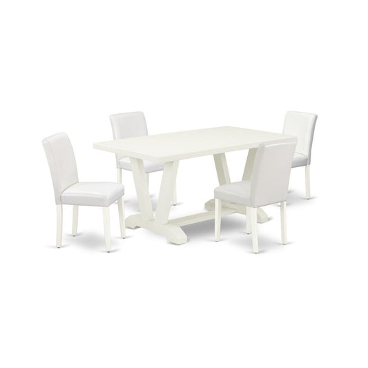 5-Piece Awesome Dining Set A Superb Linen White Dining Table Top And 4 - Pu Leather Stunning Dining Chairs And Dining Tables By East West Furniture | Dining Sets | Modishstore