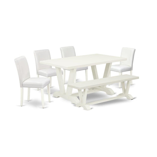 6-Piece Beautiful Dinette Set A Great Linen White Modern Dining Table Top - Linen White Dining Bench - 4 Excellent Pu Leather Dining Room Chairs And Dining Tables By East West Furniture | Dining Sets | Modishstore