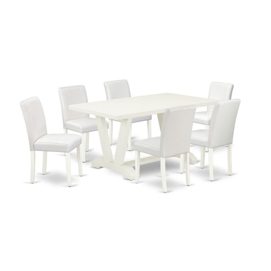 7-Piece Fashionable Kitchen Table Set A Superb Linen White Dining Room Table Top And 6 Excellent Pu Leather Padded Chairs And Dining Tables By East West Furniture | Dining Sets | Modishstore