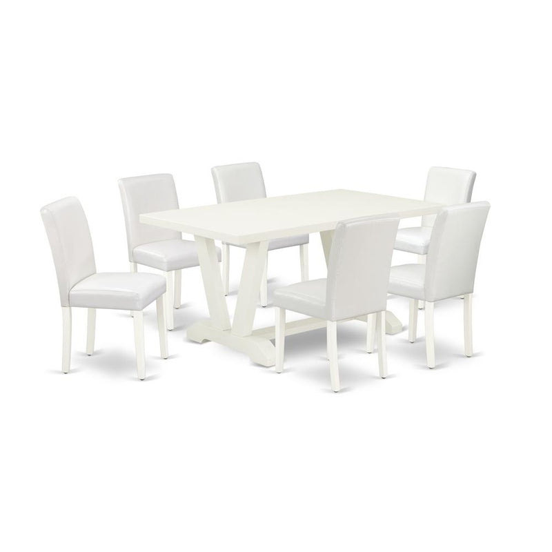 7-Piece Fashionable Kitchen Table Set A Superb Linen White Dining Room Table Top And 6 Excellent Pu Leather Padded Chairs And Dining Tables By East West Furniture | Dining Sets | Modishstore