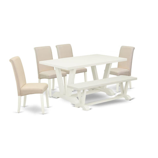 6-Piece Dinette Table Set-Luxurious Cream Linen Fabric Seat And High Stylish Chair Back Parson Chairs, A Rectangular Bench And Rectangular Top Dining Table And Dining Tables By East West Furniture | Dining Sets | Modishstore