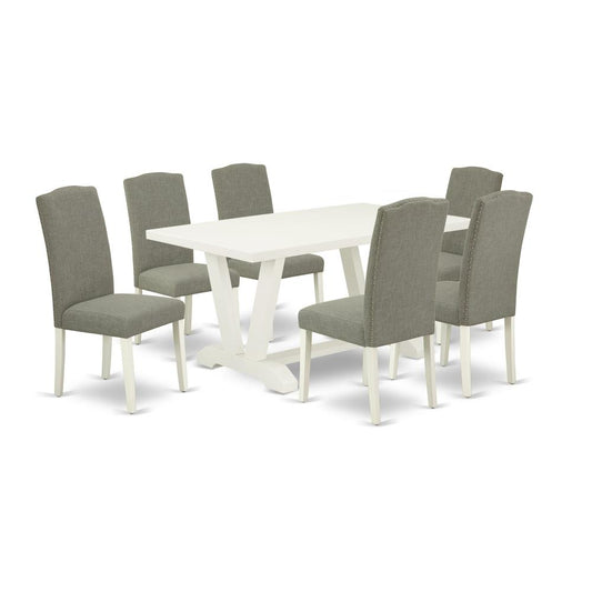 7-Piece Modern Dining Table Set - 6 Upholstered Dining Chairs And A Rectangular Table Hardwood Frame And Dining Tables By East West Furniture | Dining Sets | Modishstore