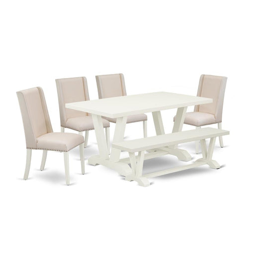 6-Piece Dinette Set-Cream Color Linen Fabric Seat And High Stylish Chair Back Kitchen Chairs, A Rectangular Bench And Rectangular Top Kitchen Table And Dining Tables By East West Furniture | Dining Sets | Modishstore